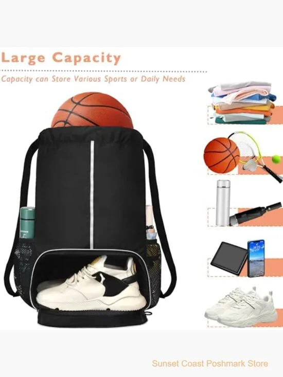 Waterproof Drawstring Backpack with Shoe Compartment Gym Travel Bag - Picture 5 of 7